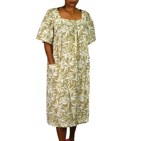 Vintage Patio Dress Tan Vermont Country Store Palm Leaf Muumuu Housedress Large - Picture 8 of 14